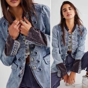 Free People Atlantic Blue Denim Seamed & Structured Military Jacket Size XS